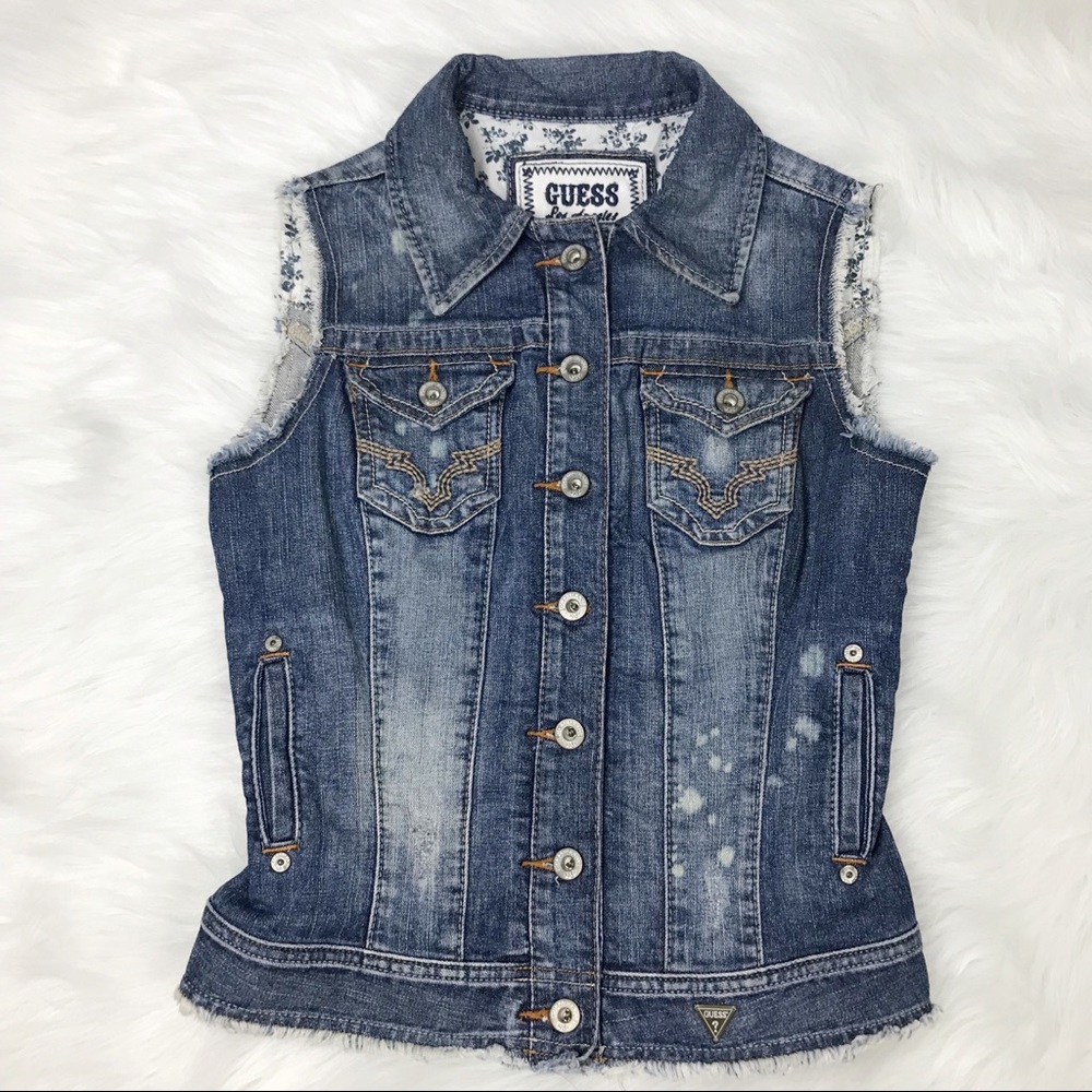 Guess Distressed Denim Blue Jean Vest Stretch Y2K 90s Size Small Bleached Frayed